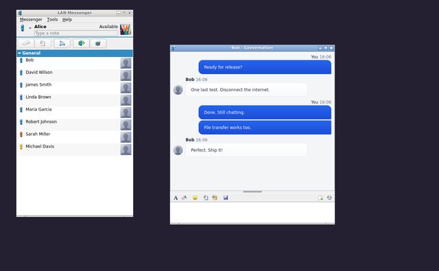 LAN Messenger main window on Linux KDE desktop